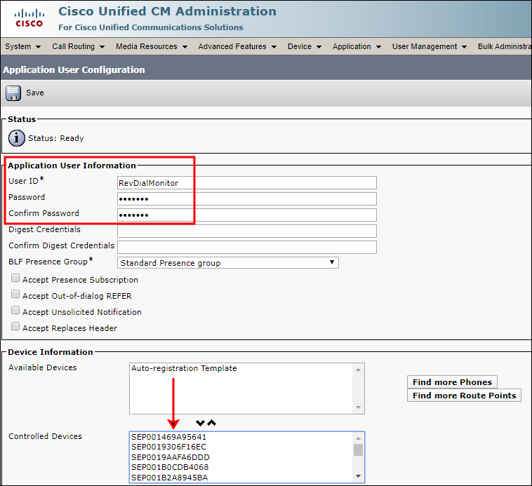 Summary of Cisco CUCM Device Information pane 